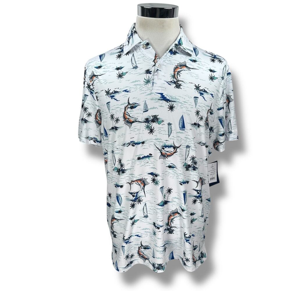 Chaps Polo‎ Shirt Men’s Medium White Marlin Fish AOP Everyday Performance New